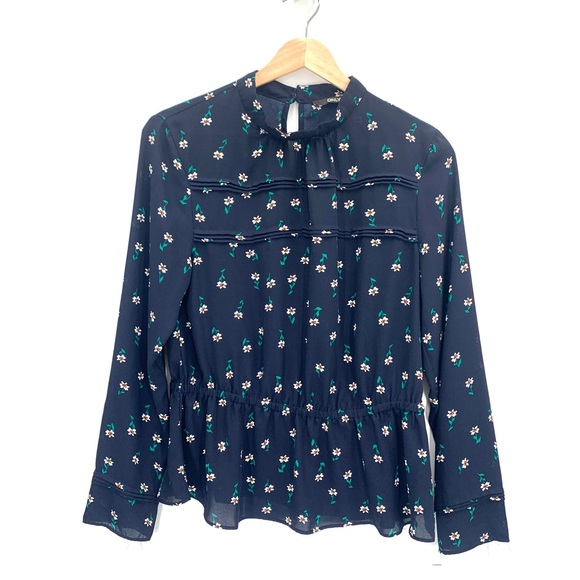 ASOS Only Blue Flora Sheer Long Sleeve High Neckline Top Blouse Size Medium - Picture 1 of 11